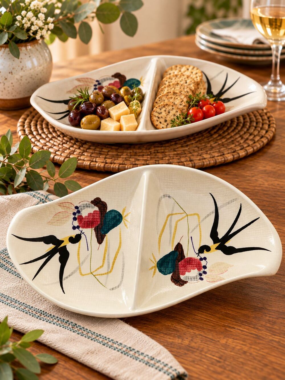 Vintage Lane & Co USA Divided Serving Dish Swallows Birds Floral Mid Century 13"